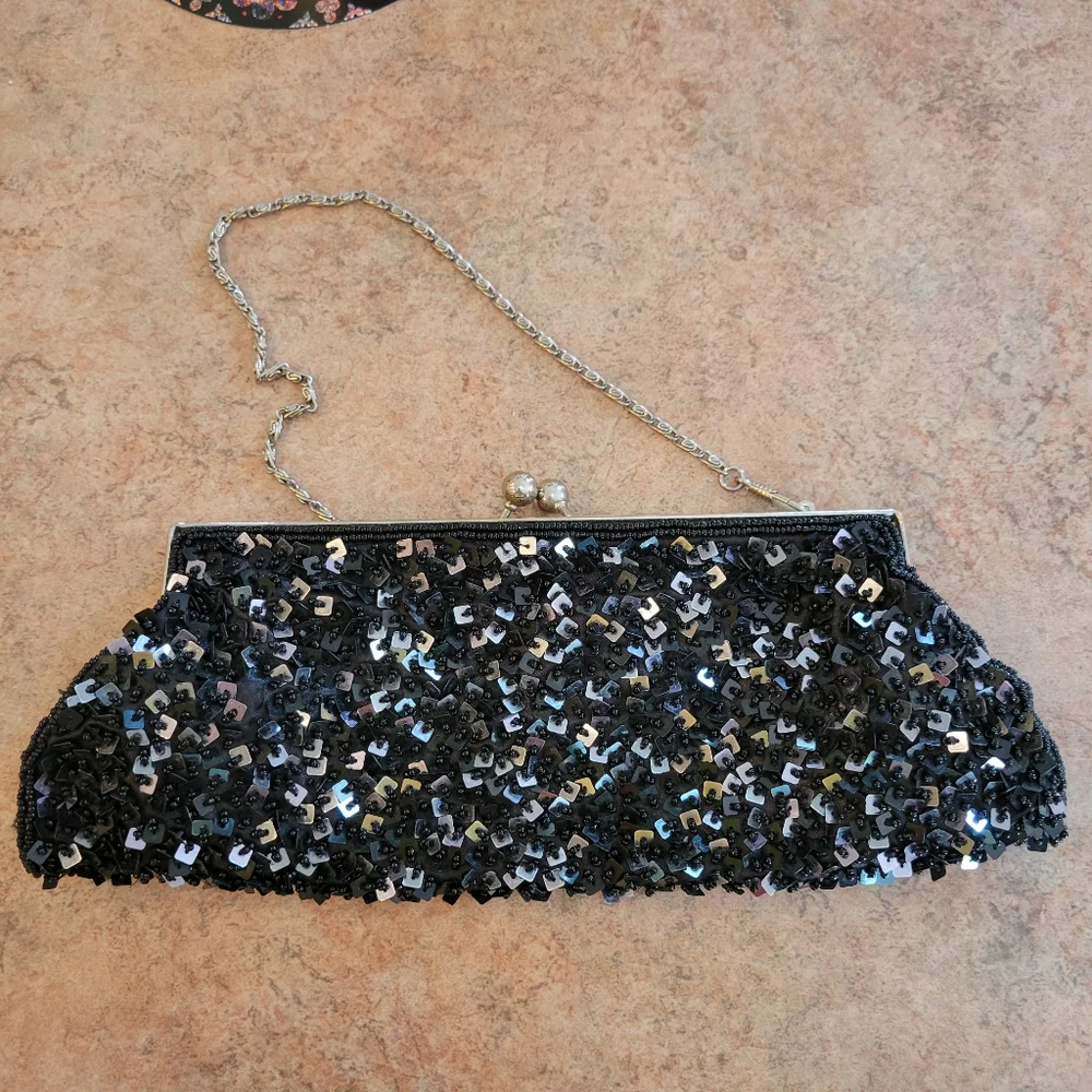 GUC ~ Nicole Lee Black Beaded Bag ~ Sparkly ~ Retro Vibe ~ Very Pretty!